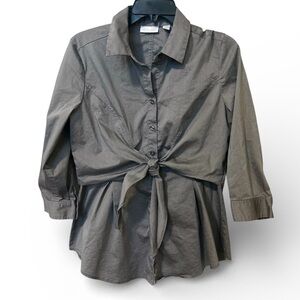 New York & Company Gray Tie Front Button Down Blouse Size Medium EUC